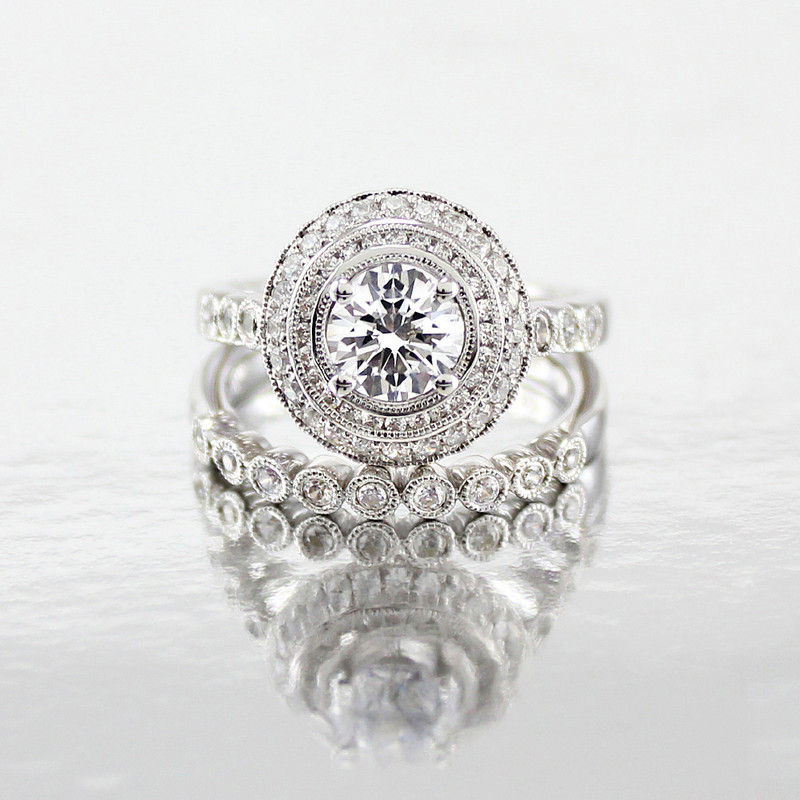 Vintage Diamond Halo Wedding Set